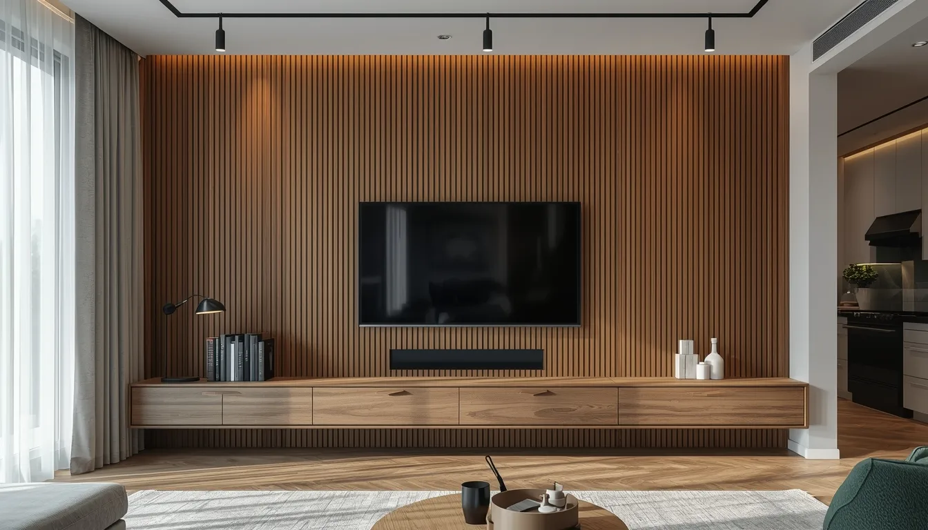 Custom wood-slat TV media wall installation by Aureo Furniture Solution in Roswell, GA